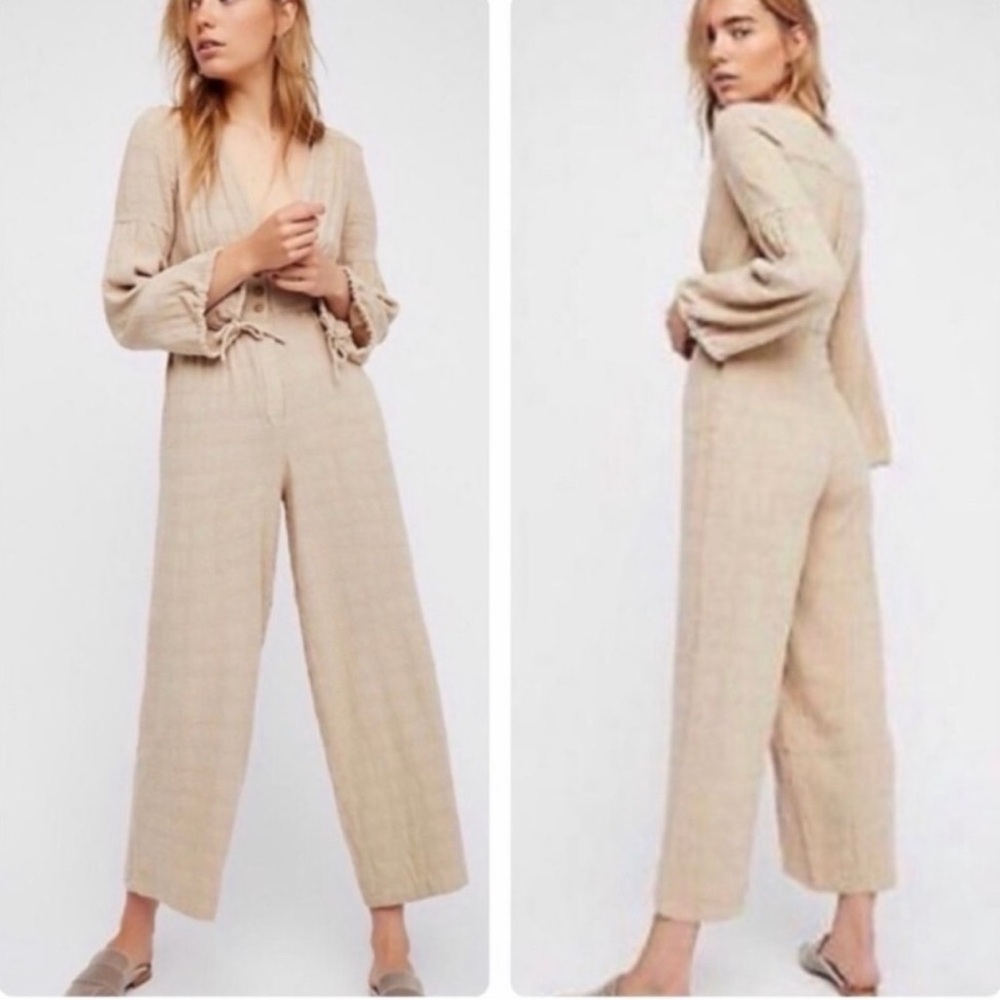 Free People True Lovin Linen One-Piece Jumpsuit Sandy Tan Sz XS